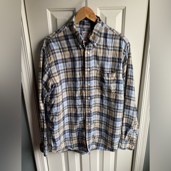 Brooks Brothers 346 Mens Long sleeve Plaid 100% Linen Button Down Shirt Size M - Picture 1 of 8